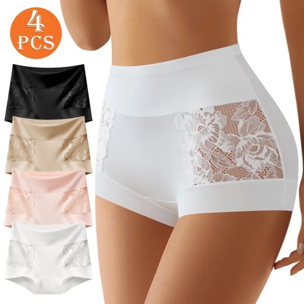 4 Pack Womens High Waisted Lace Boyshort Panties Multi Color Seamless Underwear